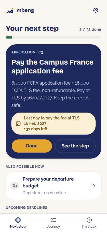 “Your next step” screen: pay the Campus France fee before 16 February 2027