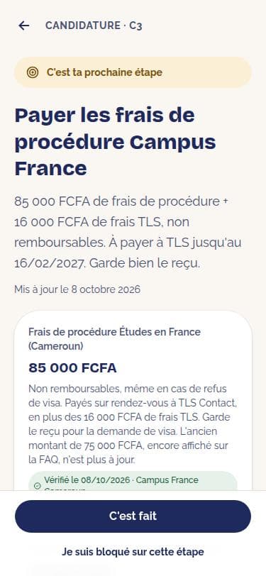 Fiche d'une étape avec ses montants vérifiés et sa source